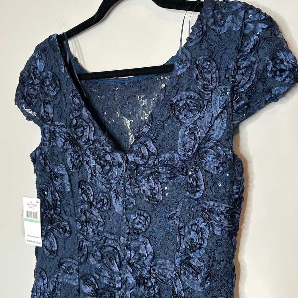 Alex Evenings Navy Blue Floral Lace Sequin Rosette Embellished Midi Dress Size 8 - Picture 13 of 16
